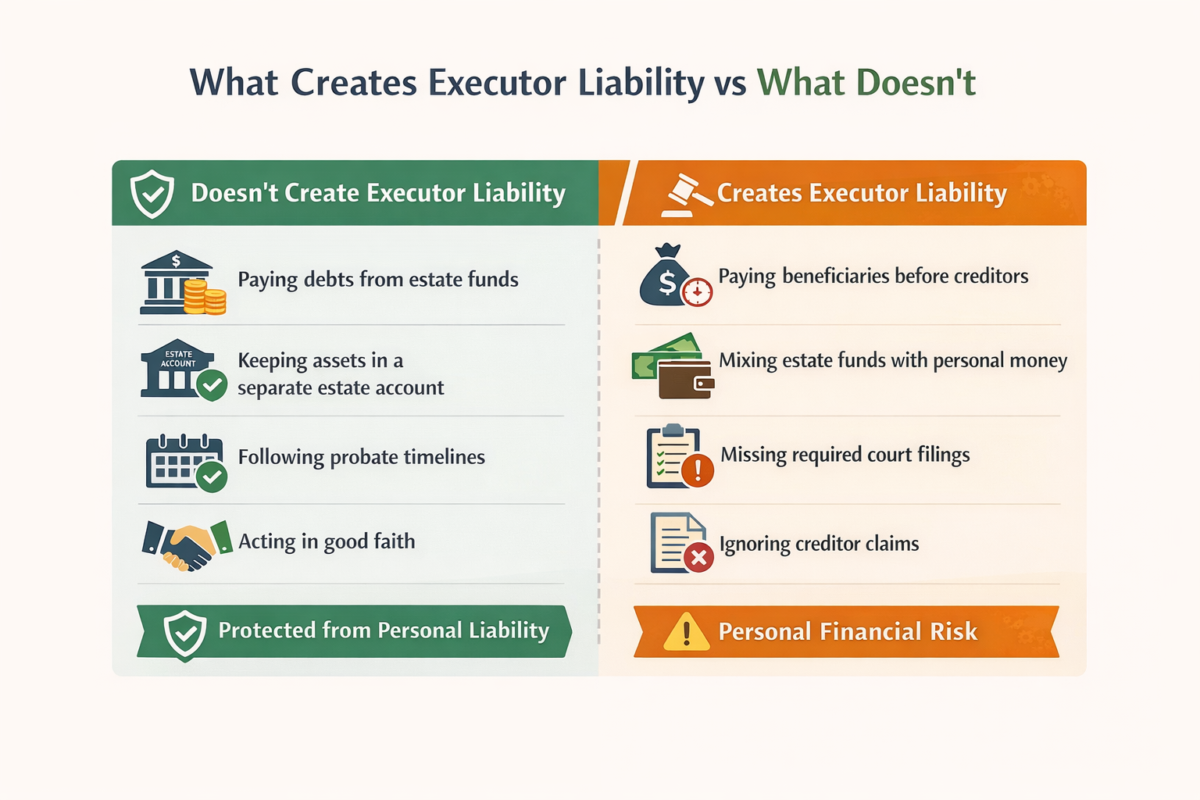 Infographic titled “What Creates Executor Liability vs What Doesn’t” comparing actions that protect executors (paying debts from estate funds, keeping assets separate, following probate timelines, acting in good faith) versus actions that create personal liability (paying beneficiaries before creditors, mixing funds, missing court filings, ignoring creditor claims).