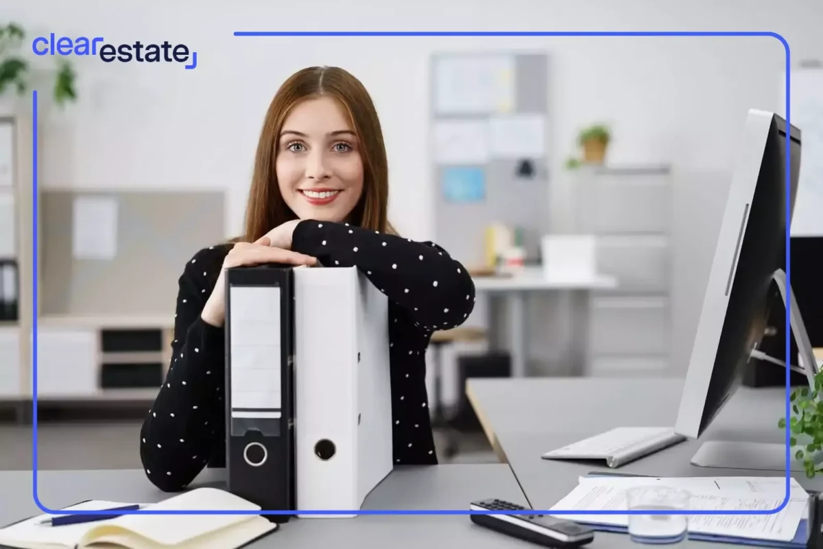 Estate Settlement Paperwork Woman Black Sweater White Dots