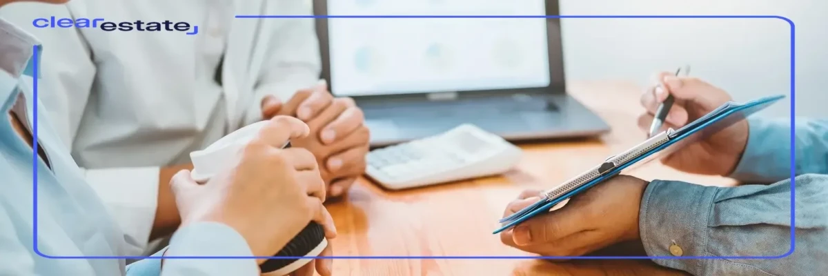 Young couple and estate administrator Advising about settlement